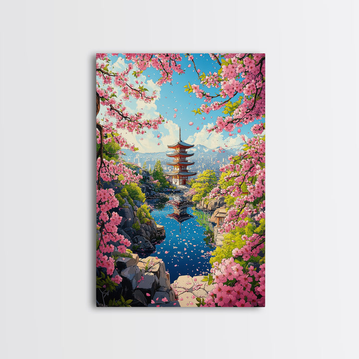 Spring Pagoda With Pink Cherry Blossoms Canvas Print, Japanese Landscape Wall Art, Bright Zen Living Room Decor Gift For Her