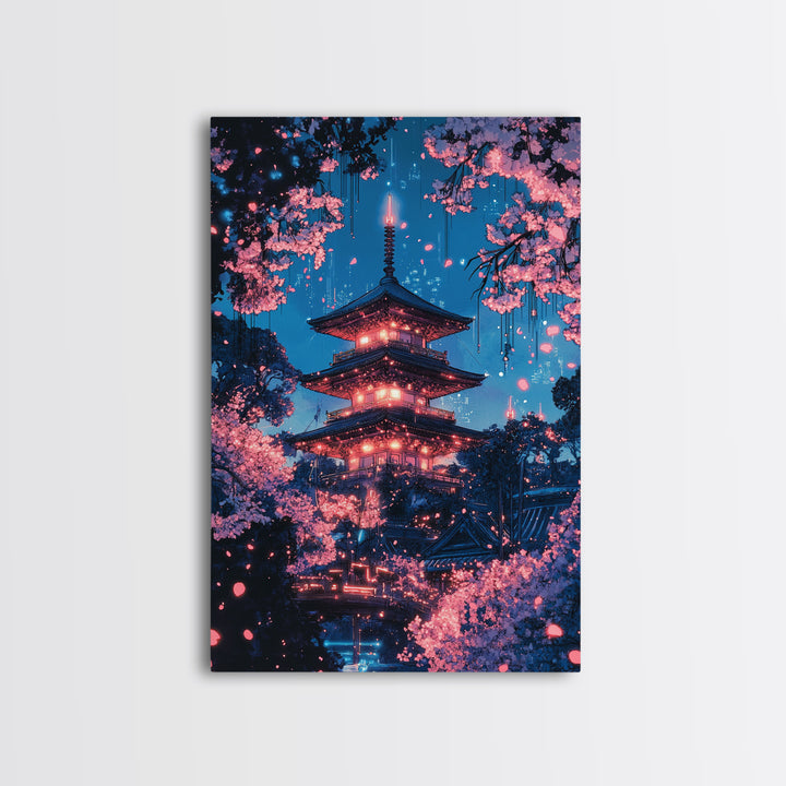 Neon Night Pagoda In Cherry Blossom Rain Framed Canvas Print, Japanese Wall Art, Cyberpunk Cherry Blossom Decor For Modern Living Room
