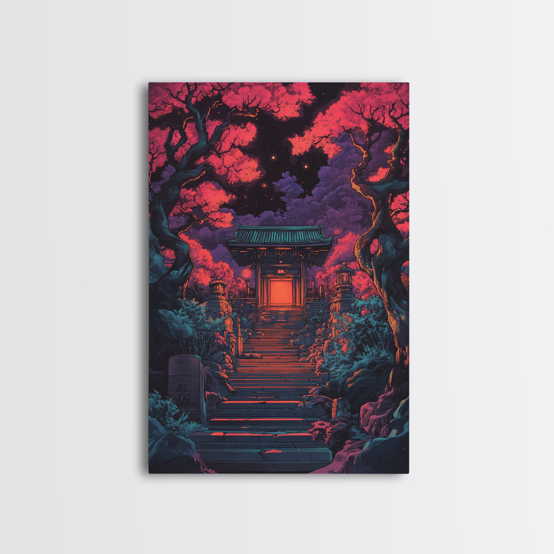 Moonlit Red Maple Shrine Stairway Wall Art, Dark Japanese Garden Print, Moody Gothic Decor For Bedroom And Living Room Gift