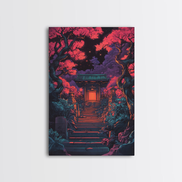 Moonlit Red Maple Shrine Stairway Wall Art, Dark Japanese Garden Print, Moody Gothic Decor For Bedroom And Living Room Gift