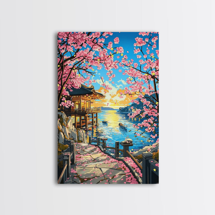 Sunset Seaside Temple With Cherry Blossoms Framed Canvas Print, Japanese Coastal Wall Art, Bright Zen Home Decor Gift For Her