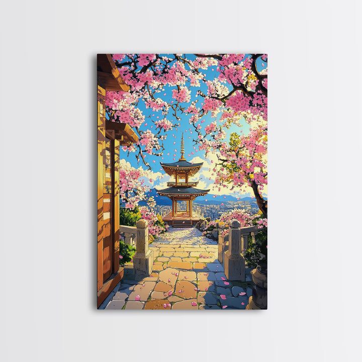 Hilltop Pagoda Under Pink Cherry Blossoms Canvas Print, Japanese Cityscape Wall Art, Bright Spring Decor For Living Room