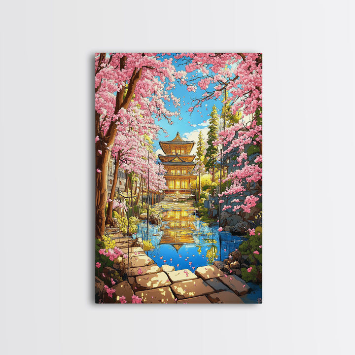 Golden Temple Reflected In Cherry Blossom Canal Wall Art, Japanese Garden Canvas Print, Colorful Spring Living Room Decor