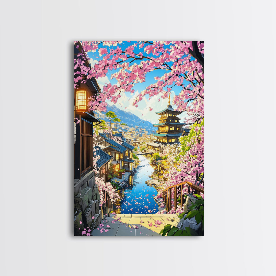 Cherry Blossom Hillside Town With Pagoda Framed Canvas Print, Japanese Cityscape Wall Art, Coastal Spring Home Decor Gift For Her
