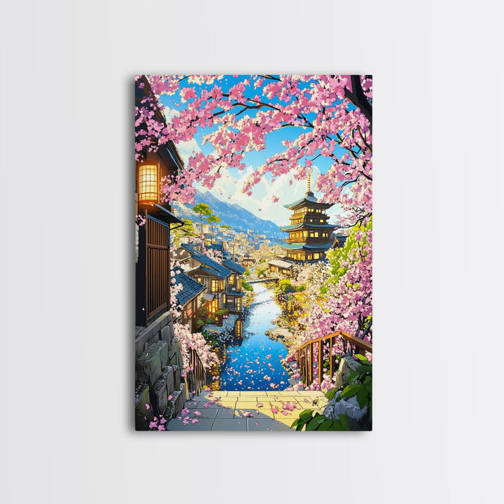 Cherry Blossom Hillside Town With Pagoda Framed Canvas Print, Japanese Cityscape Wall Art, Coastal Spring Home Decor Gift For Her