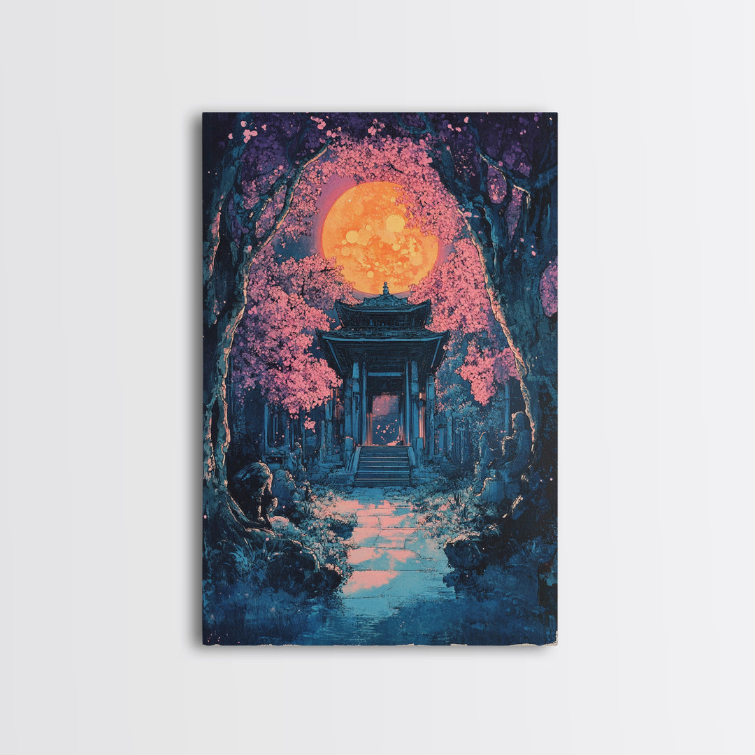 Full Moon Shrine In Pink Cherry Blossom Grove Wall Art, Mystical Japanese Landscape Print, Moody Celestial Bedroom Decor