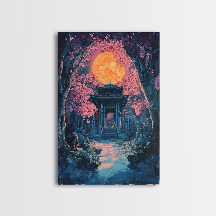 Full Moon Shrine In Pink Cherry Blossom Grove Wall Art, Mystical Japanese Landscape Print, Moody Celestial Bedroom Decor