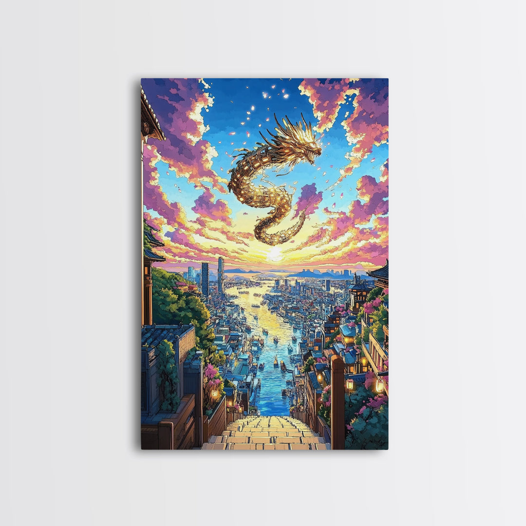 Golden Dragon City Sunset Canvas Print, Japanese Fantasy Wall Art, Vibrant Urban Landscape, Gamer Room Decor, Unique Gift