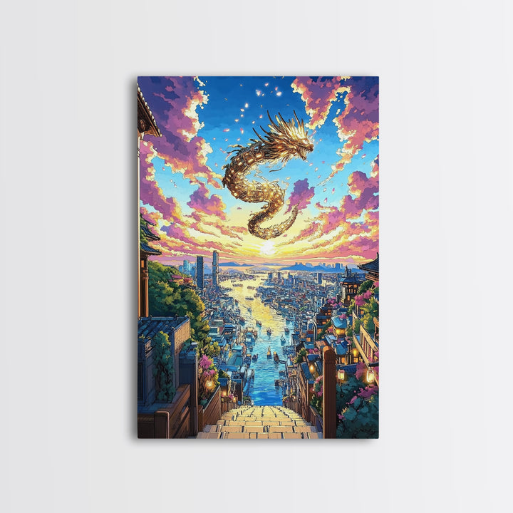 Golden Dragon City Sunset Canvas Print, Japanese Fantasy Wall Art, Vibrant Urban Landscape, Gamer Room Decor, Unique Gift