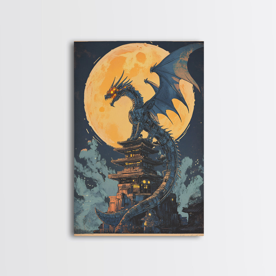 Full Moon Dragon Pagoda Wall Art, Dark Fantasy Print, Gothic Japanese Decor, Moody Canvas Wall Art Gift For Him, Office Decor