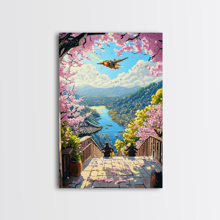 Airship Over Sakura Lake Wall Art, Fantasy Landscape Print, Japanese Mountain Decor, Whimsical Home Decor Gift For Her
