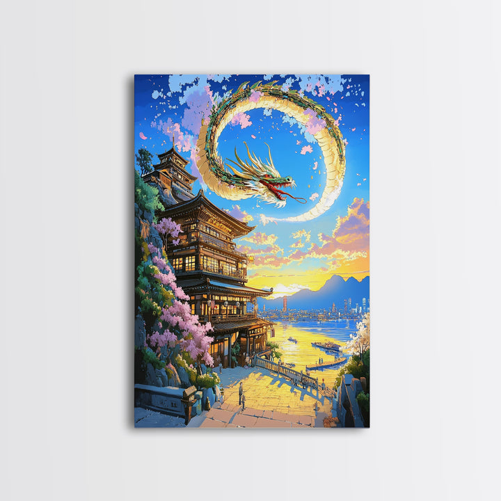 Crescent Dragon Seaside Temple Framed Canvas Print, Japanese Wall Art, Fantasy Coastal Decor, Statement Home Decor Gift