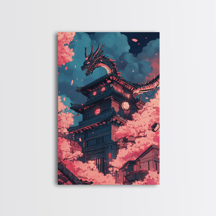 Cherry Blossom Dragon Tower Wall Art, Japanese Fantasy Canvas Print, Anime Pagoda Decor, Sakura Night Living Room Art Home Decor