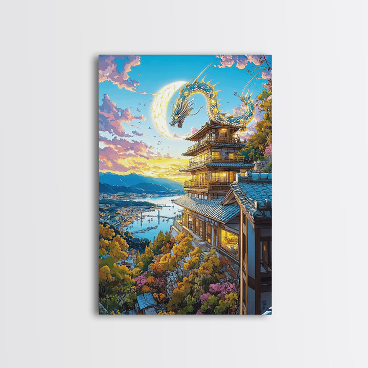 Golden Moon Dragon Temple Framed Canvas Print, Japanese Fantasy Wall Art, Sakura Landscape Decor, Living Room Art Home Decor