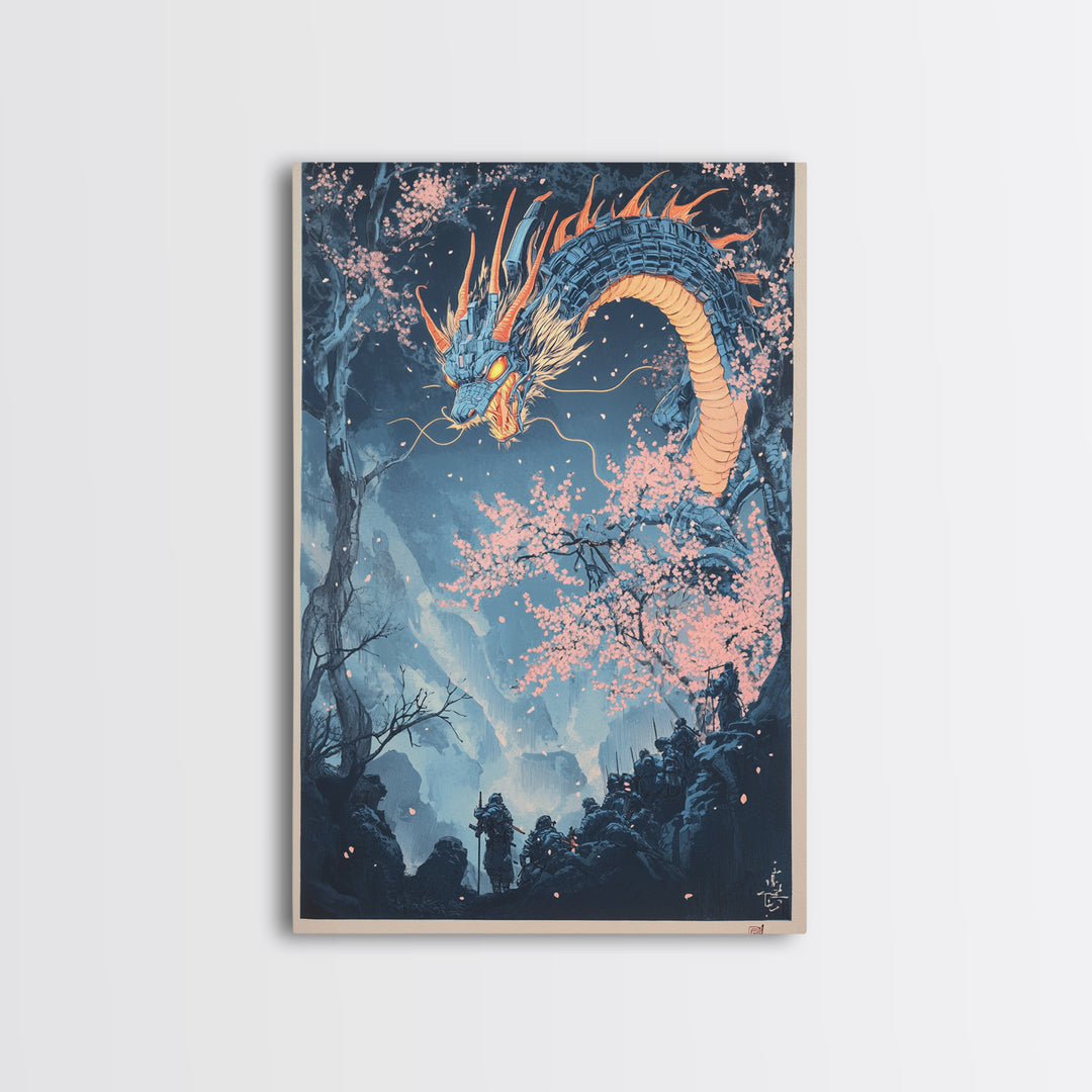 Blue Mountain Dragon Wall Art, Japanese Cherry Blossom Canvas Print, Ukiyo E Fantasy Decor, Asian Inspired Living Room Art Print