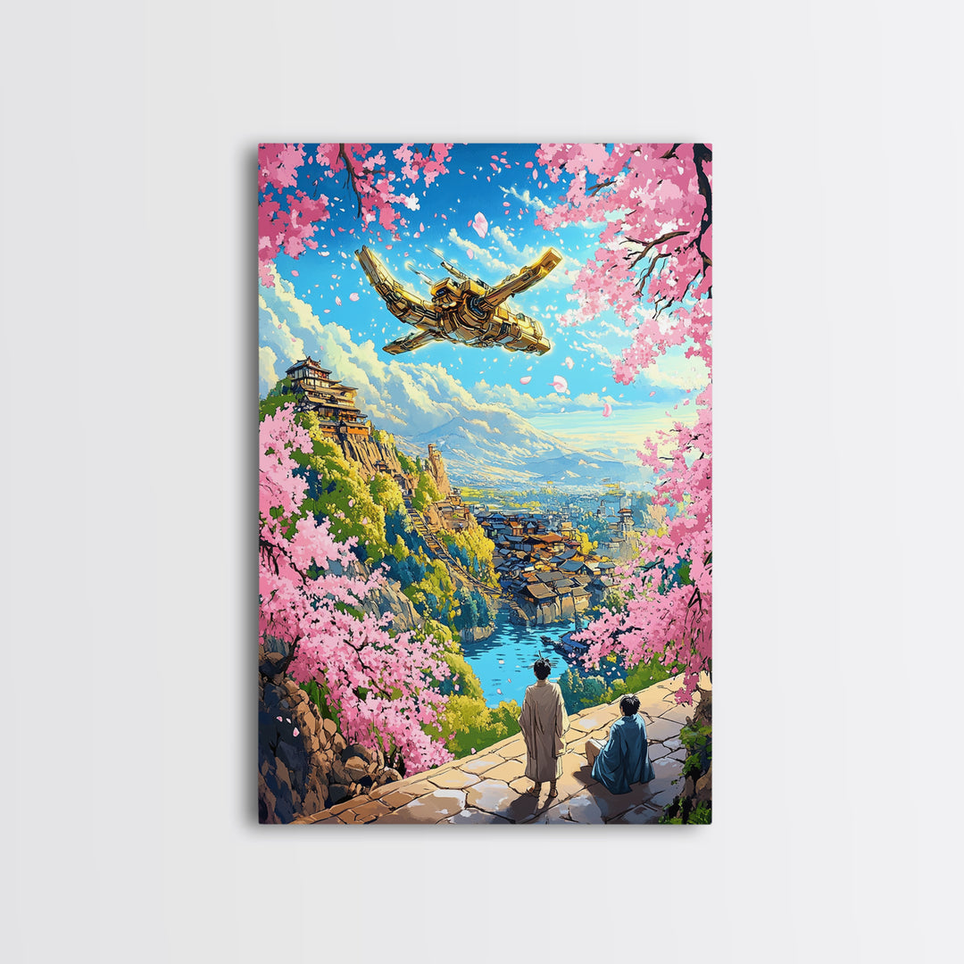 Flying Golden Airship Wall Art, Anime Sakura City Canvas Print, Japanese Fantasy Landscape Decor, Living Room Art Gift For Him