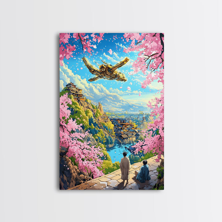 Flying Golden Airship Wall Art, Anime Sakura City Canvas Print, Japanese Fantasy Landscape Decor, Living Room Art Gift For Him