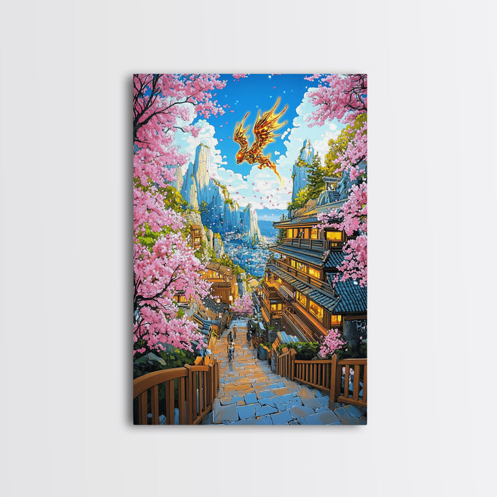Golden Dragon Mountain Village Wall Art, Japanese Sakura Canvas Print, Anime Fantasy Landscape Decor, Colorful Living Room Art