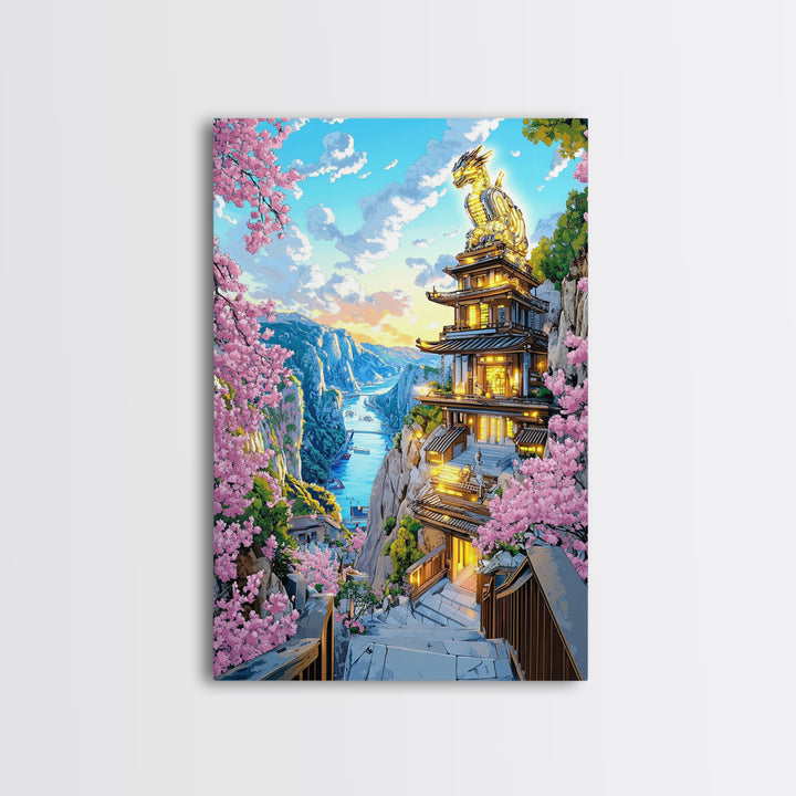 Cliffside Dragon Temple Framed Canvas Print, Sakura Mountain Landscape Wall Art, Japanese Fantasy Decor, Large Living Room Art