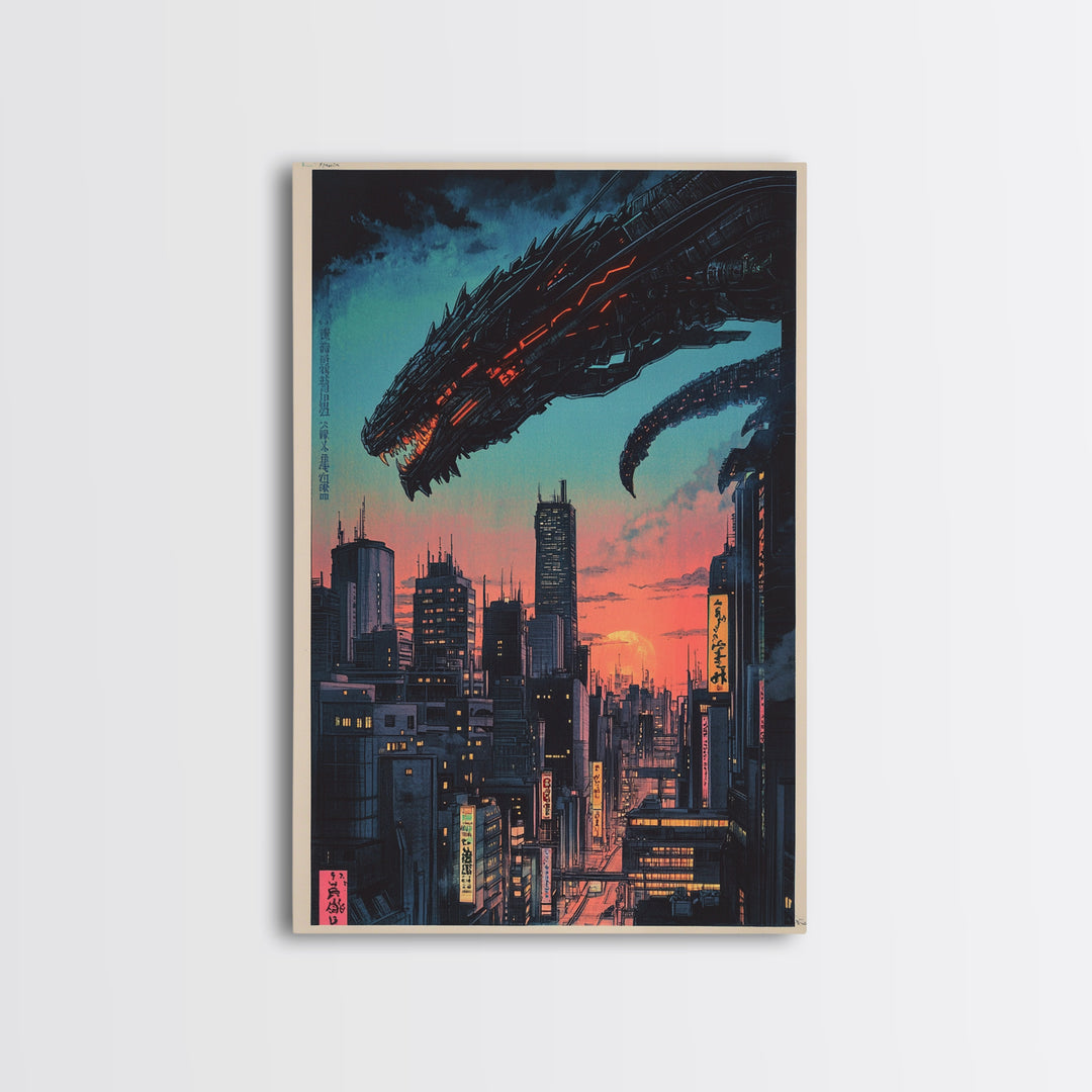 Cyberpunk Dragon City Wall Art, Neon Futuristic Skyline Canvas Print, Japanese Sci Fi Decor, Gaming Room Wall Art Gift For Him