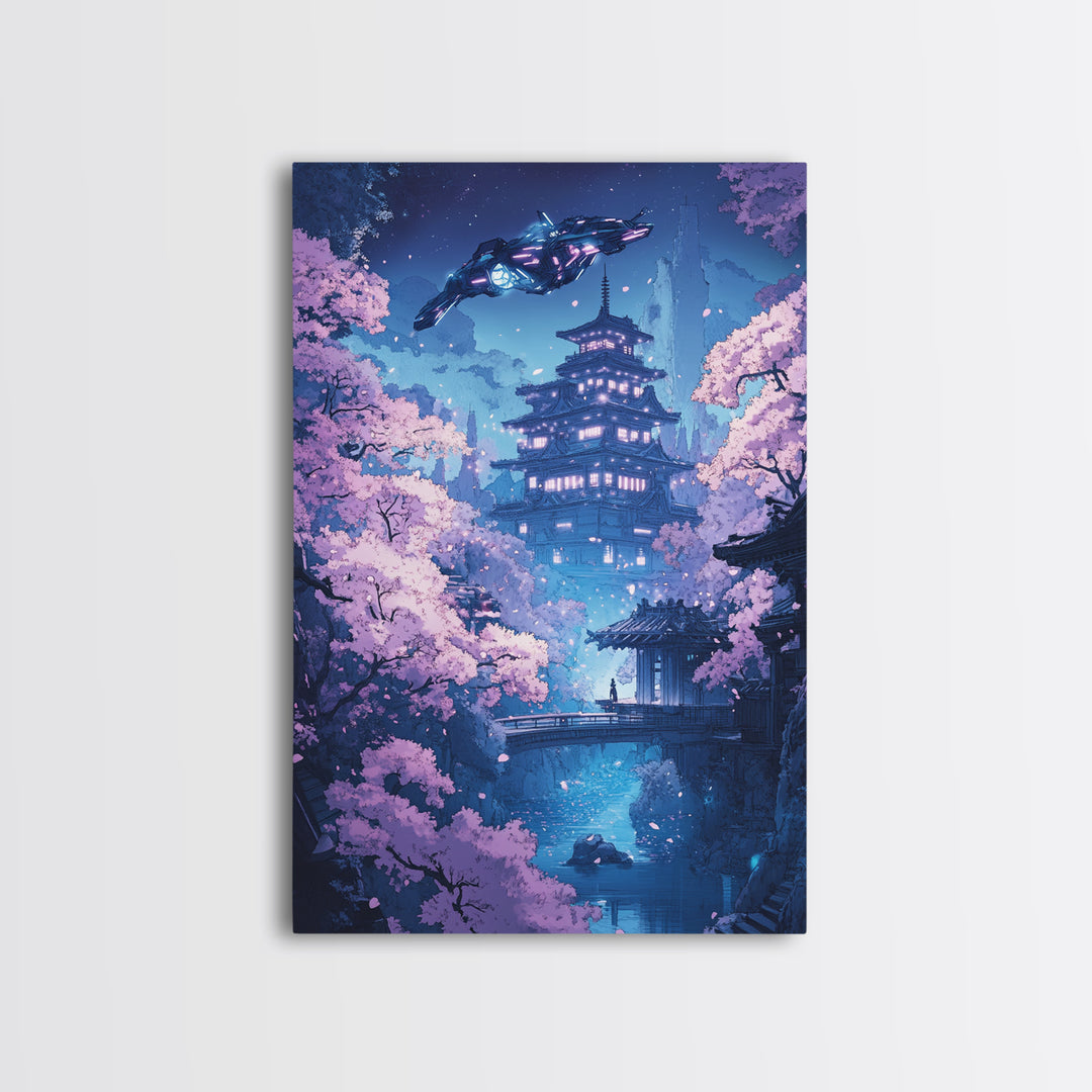 Futuristic Sakura Pagoda Wall Art, Purple Cherry Blossom Canvas Print, Sci Fi Japanese Landscape Decor, Bedroom Wall Art Gift For Her