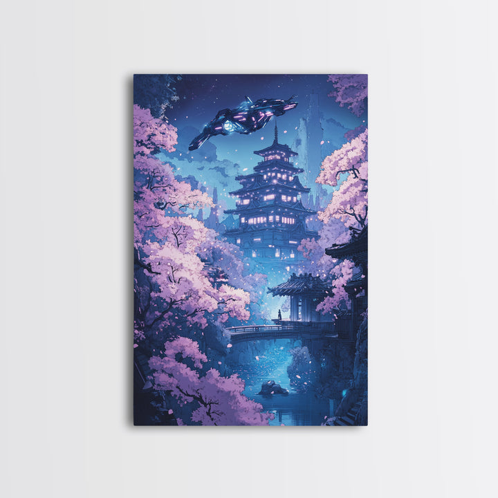 Futuristic Sakura Pagoda Wall Art, Purple Cherry Blossom Canvas Print, Sci Fi Japanese Landscape Decor, Bedroom Wall Art Gift For Her