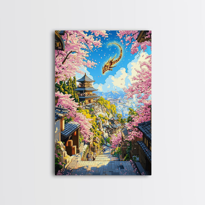 Golden Dragon Over Kyoto Pagoda Wall Art, Japanese Cherry Blossom Fantasy, Anime Landscape, Asian Home Decor, Living Room Art