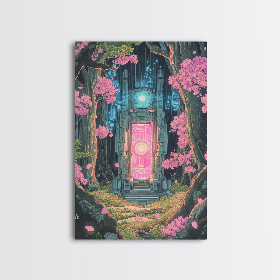 Neon Portal In Cherry Forest Framed Canvas Print, Cyberpunk Fantasy Wall Decor, Sci Fi Art, Modern Japanese Wall Art, Gaming Room Decor