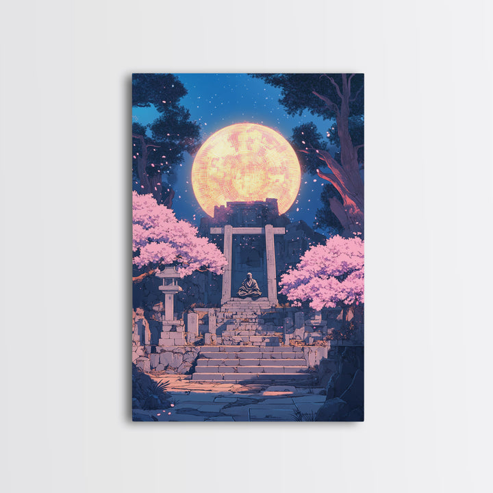 Glowing Moon Shrine With Meditating Monk Canvas Print, Japanese Wall Art, Cherry Blossom Decor, Zen Fantasy Living Room Art