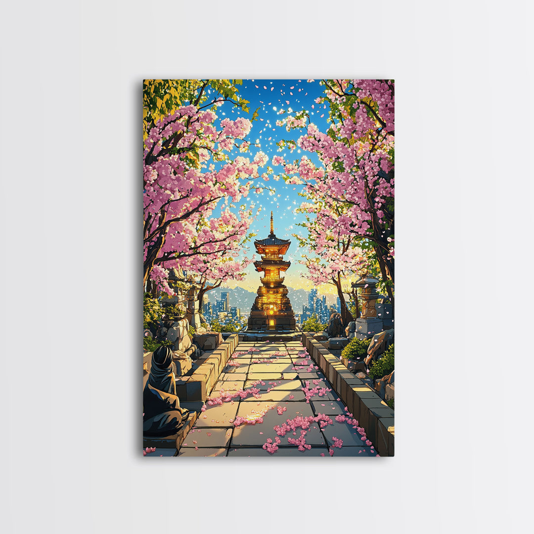 Cherry Blossom Pagoda Path Wall Art, Japanese Temple Landscape, Anime City Skyline, Spring Decor, Large Framed Canvas Print