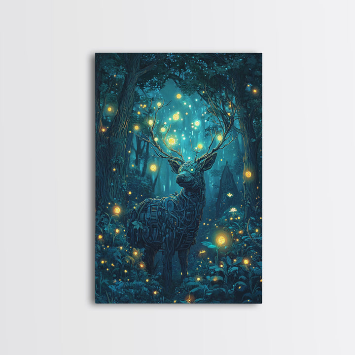 Mechanical Deer In Enchanted Forest Wall Art, Glowing Firefly Fantasy, Cyberpunk Animal Art, Whimsical Nature Canvas Print