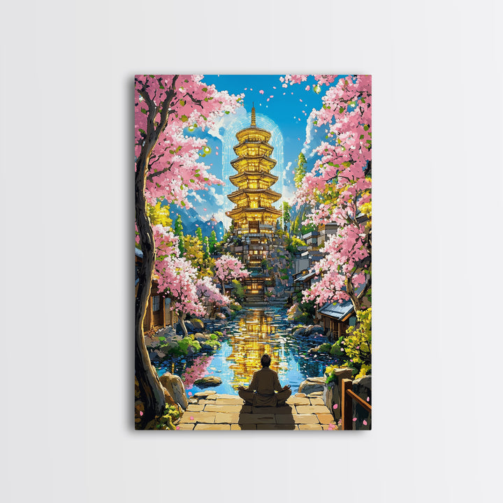 Golden Pagoda Reflecting On Canal Framed Canvas Print, Japanese Cherry Blossom Wall Art, Zen Landscape, Asian Home Decor