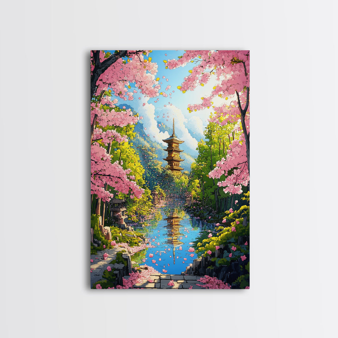 Cherry Blossom River Pagoda Canvas Print, Japanese Mountain Landscape Wall Art, Spring Nature Decor, Calming Living Room Art