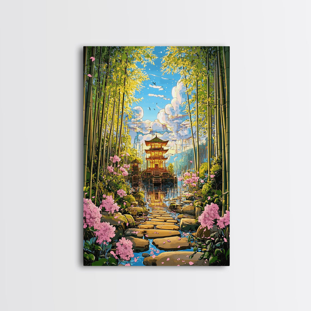 Bamboo Grove Temple Over Water Wall Art, Japanese Zen Landscape, Cherry Blossom Path, Japandi Decor, Framed Canvas Print