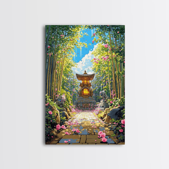 Sunlit Bamboo Garden Shrine Wall Art, Japanese Lantern Path, Pink Flower Decor, Zen Nature Art, Large Framed Canvas Print