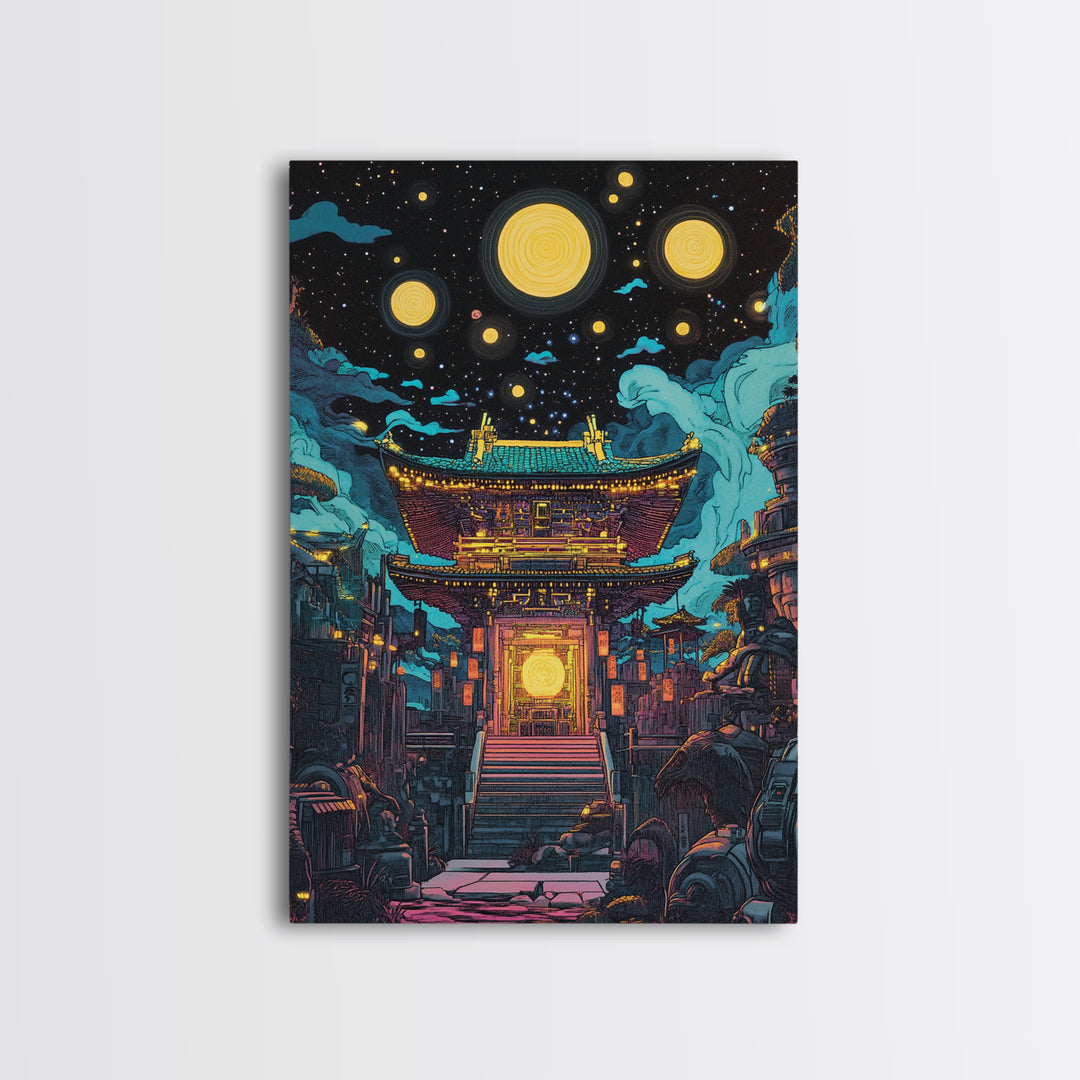 Starry Night Japanese Temple Wall Art, Glowing Moon Sci Fi Fantasy, Asian Cyberpunk Decor, Dark Academia Canvas Print, Home Decor