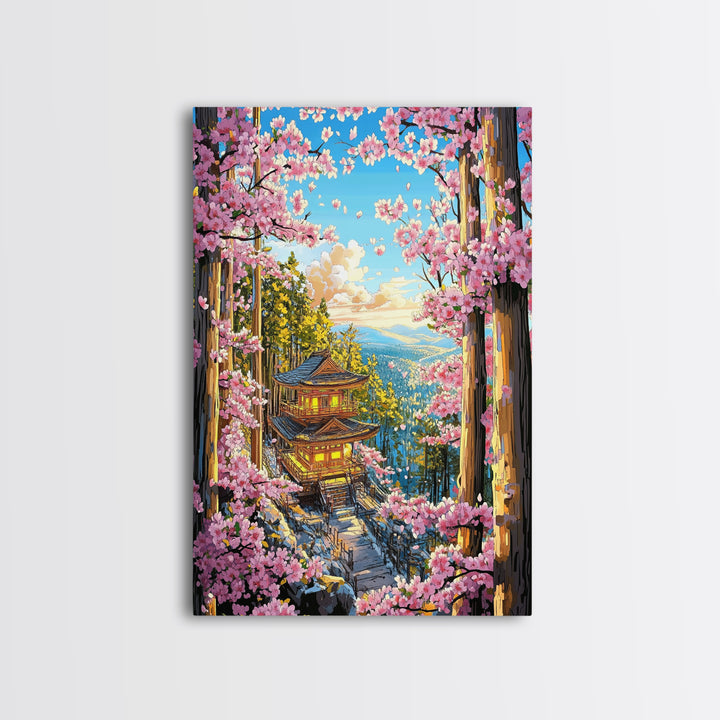 Cherry Blossom Pagoda Forest Wall Art, Japanese Landscape Canvas, Sakura Temple Print, Japandi Home Decor Gift For Living Room