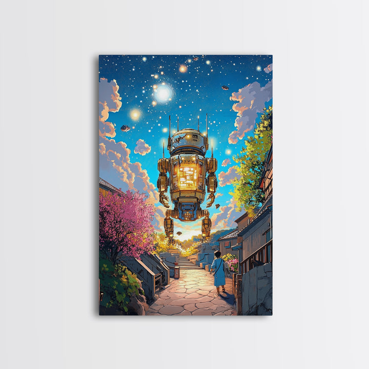 Floating Lantern Robot Wall Art, Futuristic Japanese Street Canvas Print, Cyberpunk Sakura Village Sci Fi Home Decor Gift