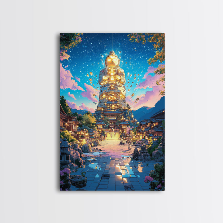 Golden Futuristic Buddha Temple Wall Art, Cyberpunk Japanese Village Canvas Print, Spiritual Sci Fi Decor For Meditation Room