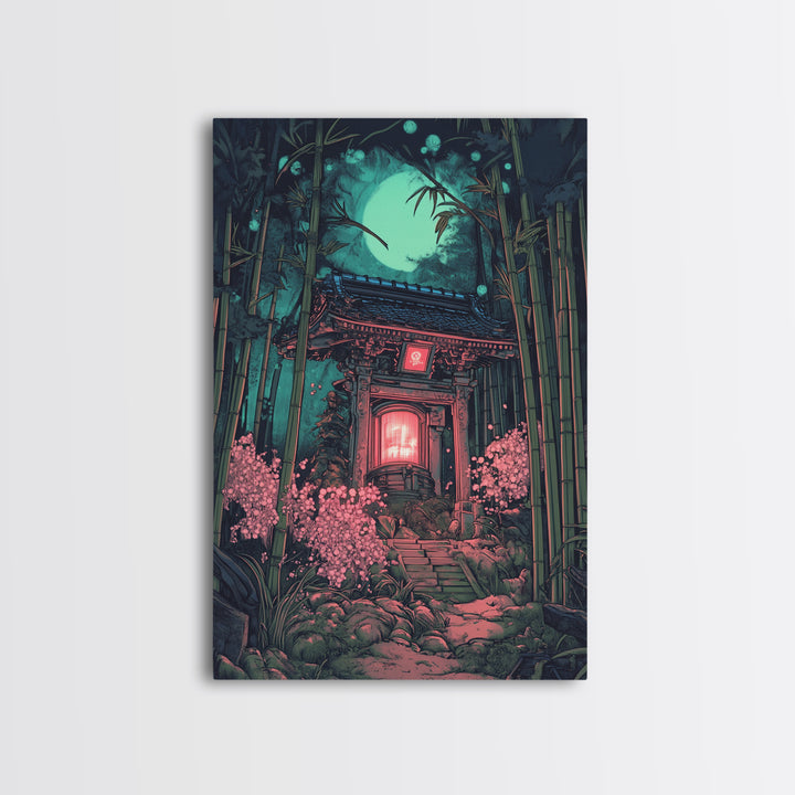 Moonlit Bamboo Shrine Wall Art, Japanese Moon Garden Canvas Print, Dark Botanical Japandi Decor, Pink Floral Temple Scene