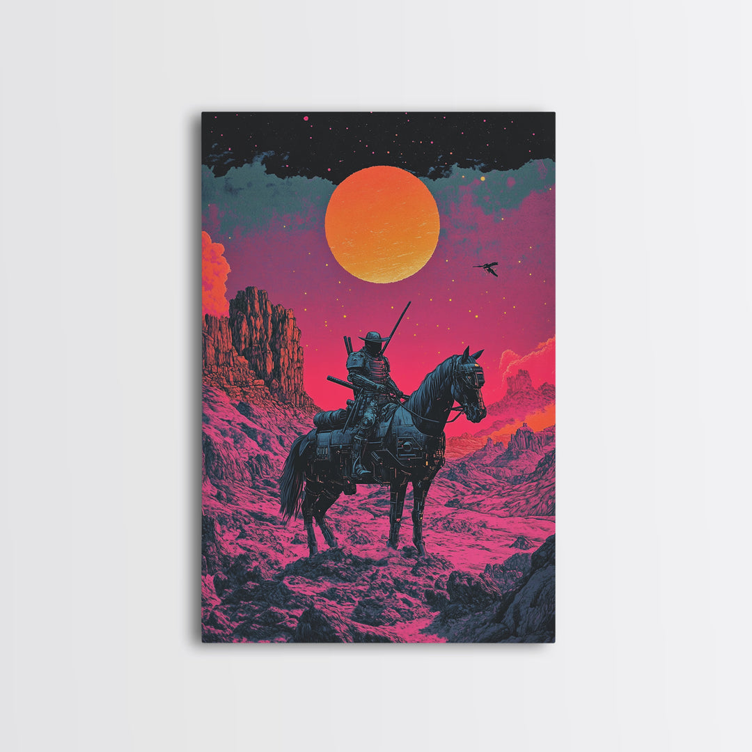 Samurai Horseback Desert Wall Art, Orange Sun Western Japanese Canvas Print, Retro Futuristic Warrior Decor Gift For Man Cave