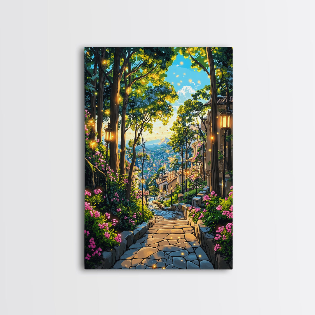 Glowing Forest Stairway Wall Art, Lantern Garden Path Canvas Print, Whimsical Coastal Village Decor For Living Room Gift