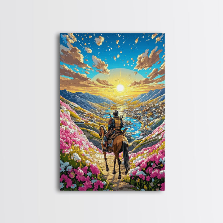 Horseback Warrior Valley Wall Art, Sunrise Mountain Landscape Canvas Print, Pink Flower Meadow Japanese Decor Gift For Home
