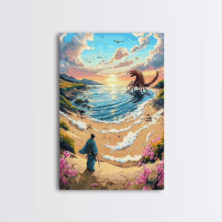 Giant Scorpion Seaside Wall Art, Samurai Beach Landscape Canvas Print, Fantasy Ocean Monster Japanese Decor Gift For Home