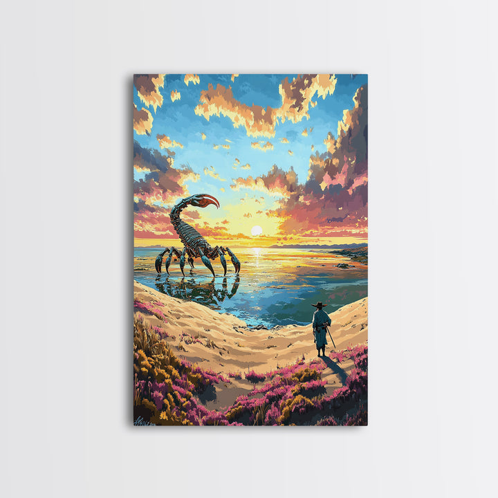 Giant Scorpion Beach Sunset Wall Art, Surreal Fantasy Landscape Canvas, Coastal Sci Fi Decor, Unique Gift For Him, Statement Artwork