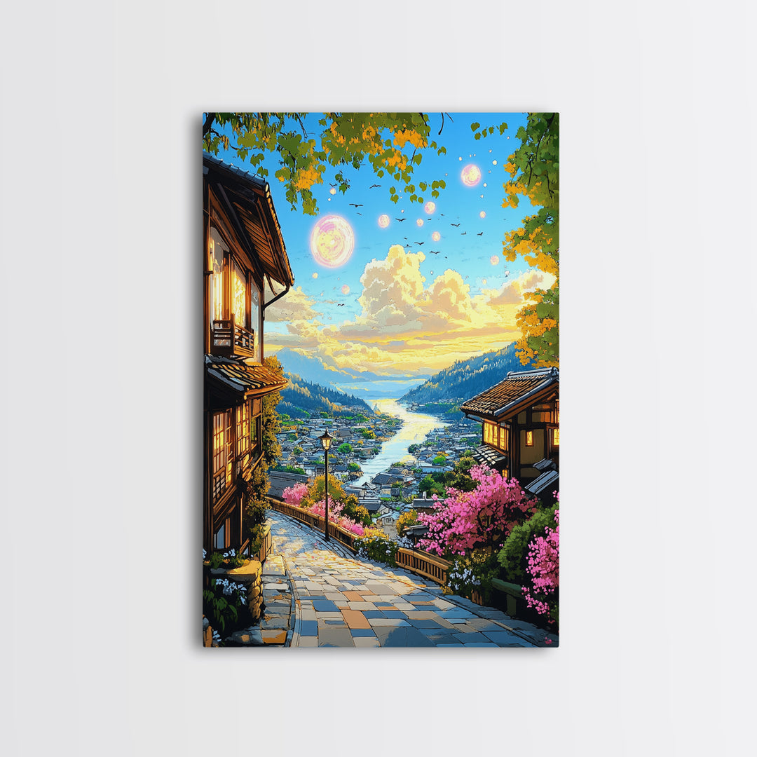Magical Japanese Lakeside Village Canvas Print, Sunset Mountain Wall Decor, Cherry Blossom Art, Japandi Home Decor Gift Idea