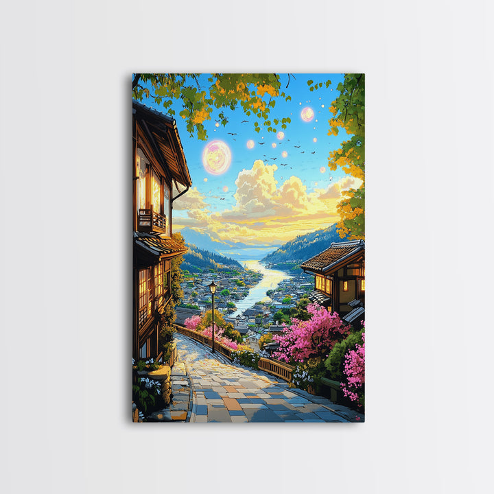 Magical Japanese Lakeside Village Canvas Print, Sunset Mountain Wall Decor, Cherry Blossom Art, Japandi Home Decor Gift Idea
