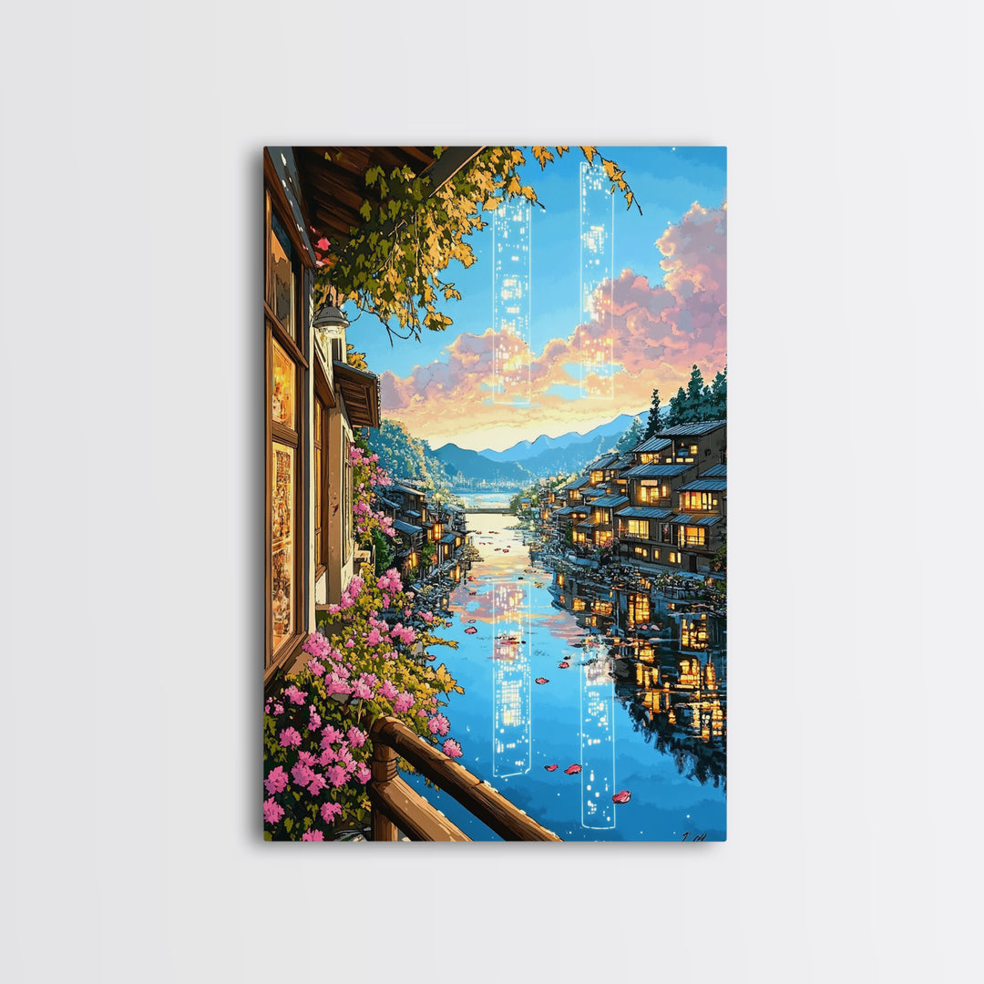 Glowing Canal Village Framed Canvas Print, Japanese Landscape Wall Art, Cherry Blossom Decor, Fantasy Travel Poster Gift