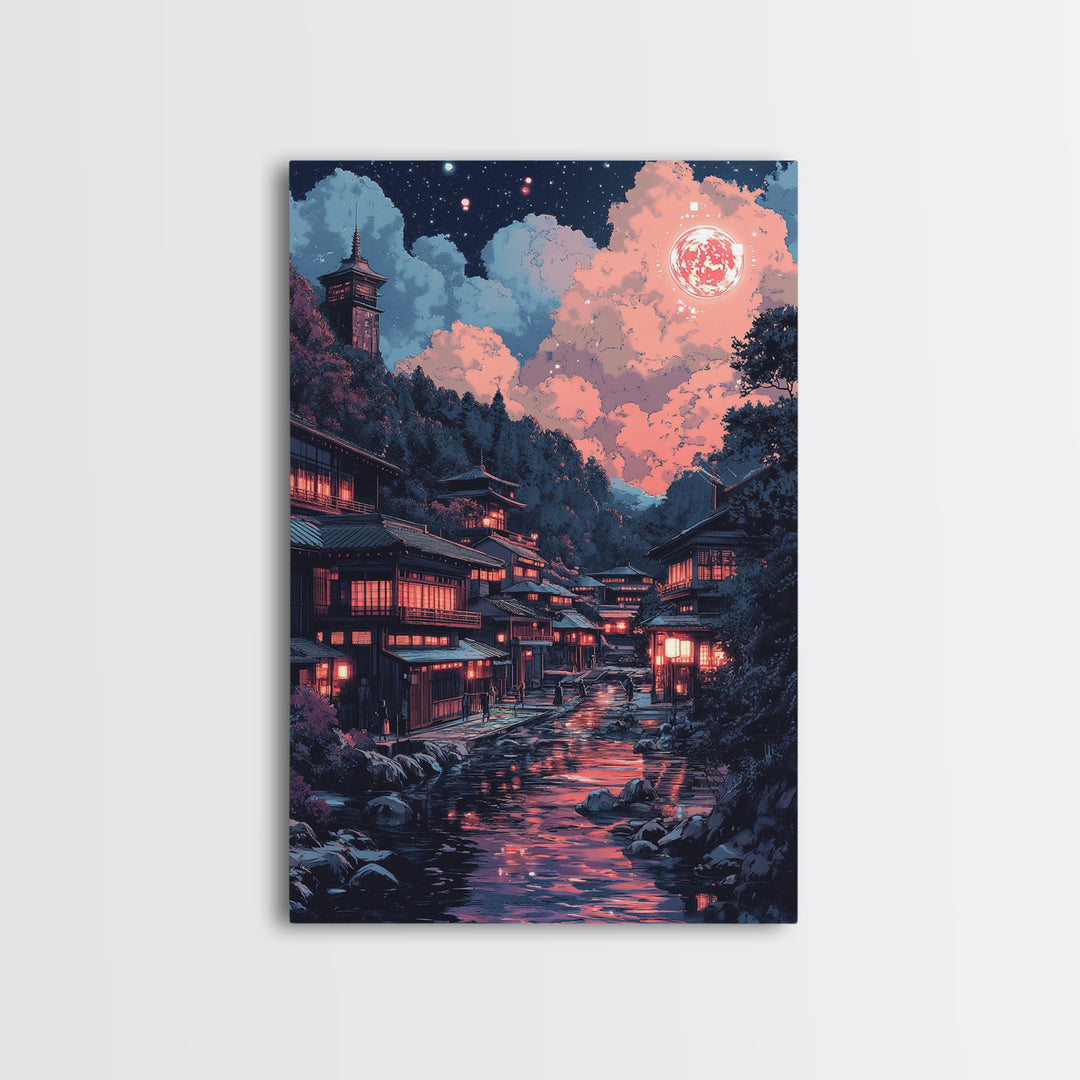 Red Moon Japanese River Village Wall Art, Night Lantern Landscape, Dark Academia Decor, Moody Fantasy Canvas Print For Living Room