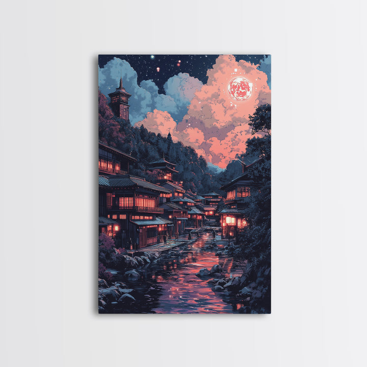 Red Moon Japanese River Village Wall Art, Night Lantern Landscape, Dark Academia Decor, Moody Fantasy Canvas Print For Living Room